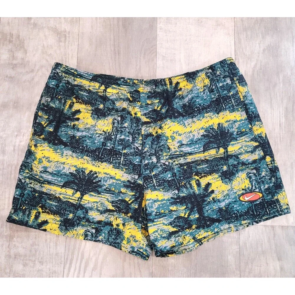 Nike XXL Hawaiian Tropical Swim Trunks All Over Print Mesh Lining Blue Yellow